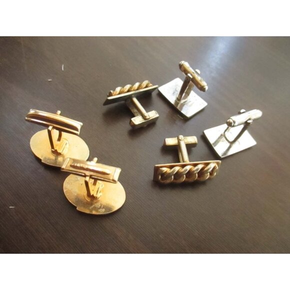 Set Of 3 Vtg Mens Metal Cufflinks With Oval Rectangular Braided Chain Designs - Picture 5 of 5
